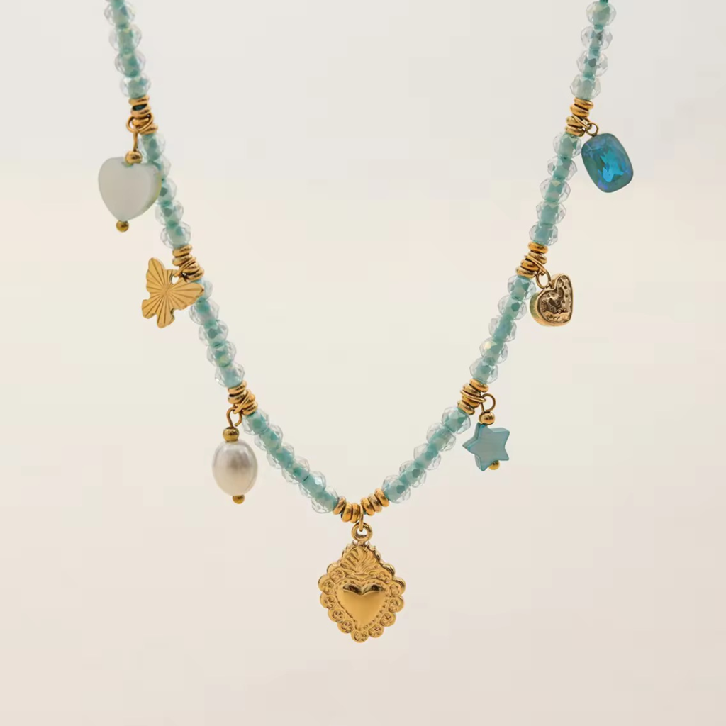 Candy Necklace, 18Kt Gold Plated Stainless Steel Heart, Beads And Butterfly Charm Rope Necklace : INCANDY
