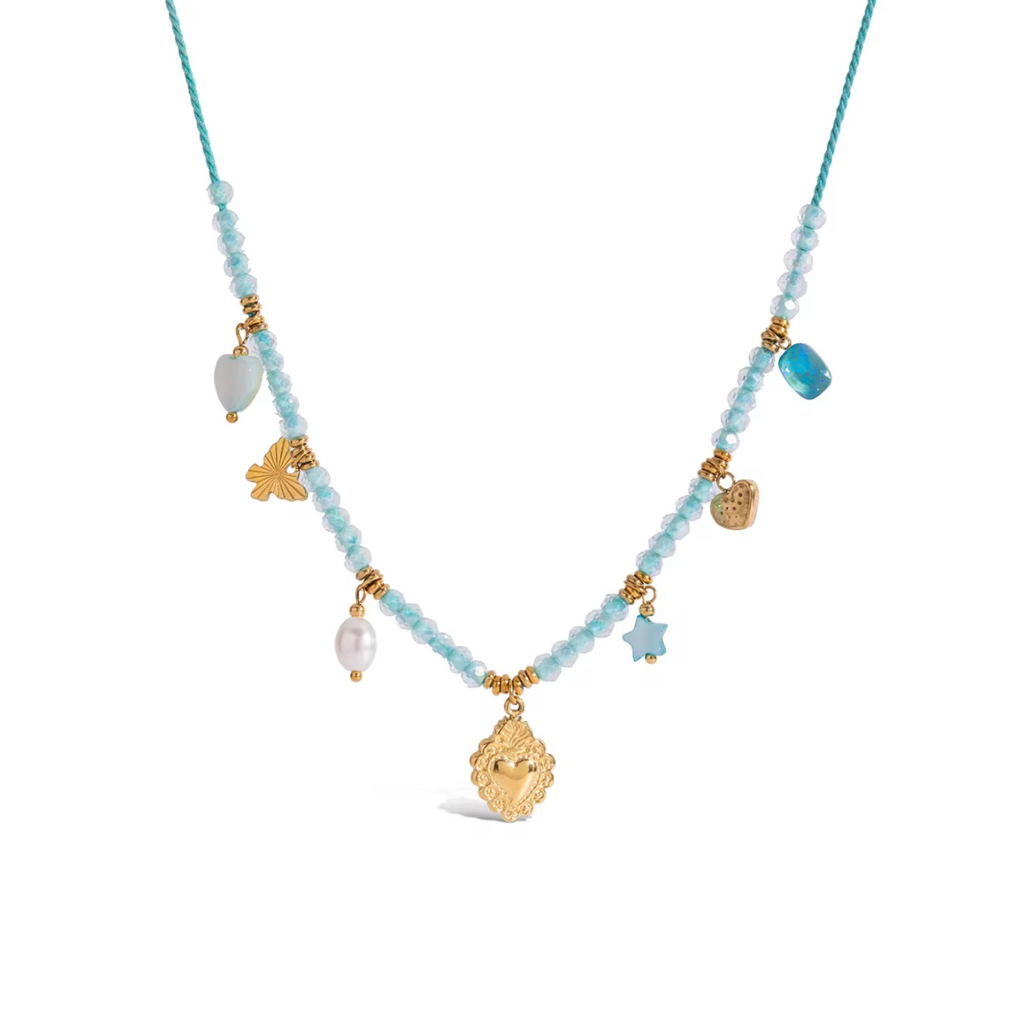 Candy Necklace, 18Kt Gold Plated Stainless Steel Heart, Beads And Butterfly Charm Rope Necklace : INCANDY