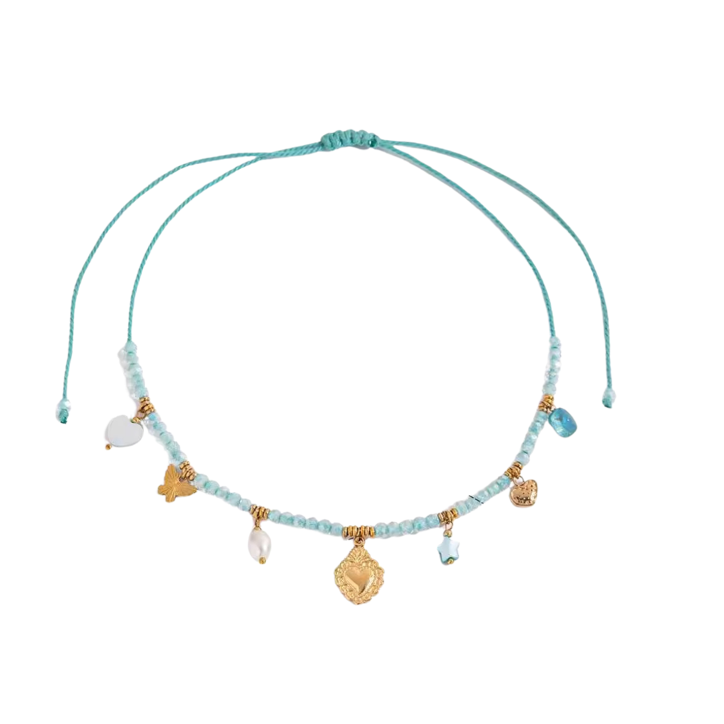 Candy Necklace, 18Kt Gold Plated Stainless Steel Heart, Beads And Butterfly Charm Rope Necklace : INCANDY