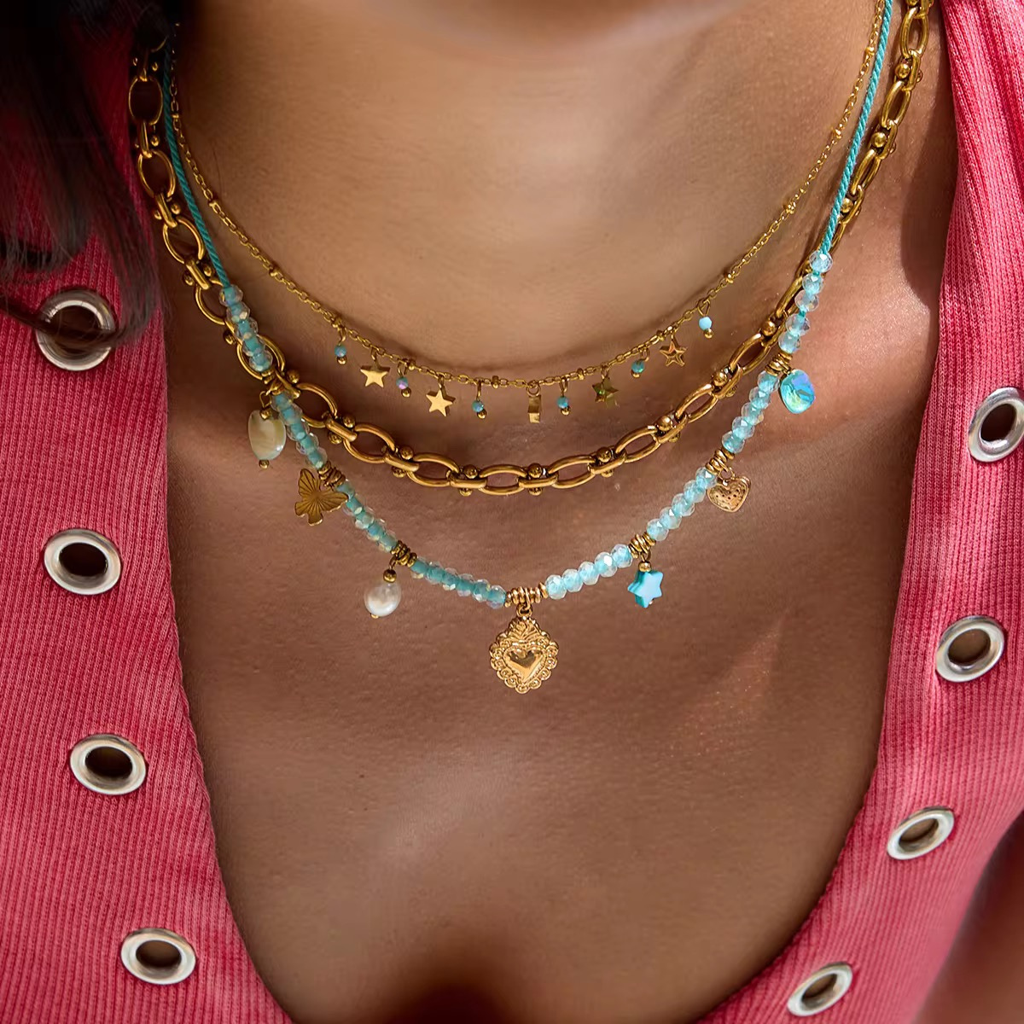 Candy Necklace, 18Kt Gold Plated Stainless Steel Heart, Beads And Butterfly Charm Rope Necklace : INCANDY