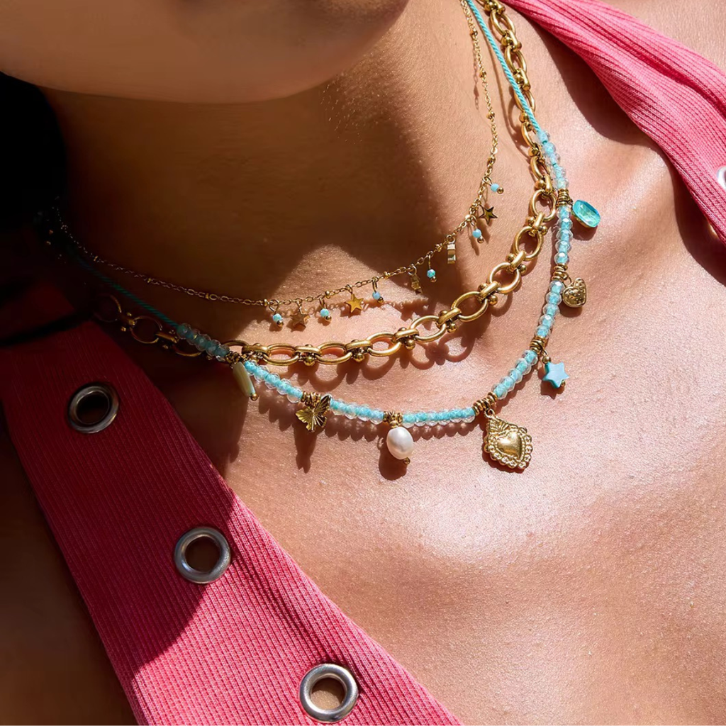 Candy Necklace, 18Kt Gold Plated Stainless Steel Heart, Beads And Butterfly Charm Rope Necklace : INCANDY