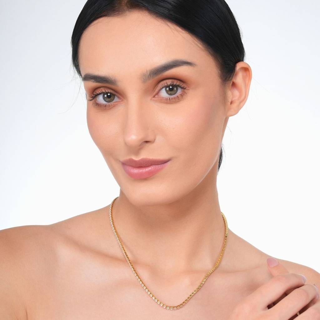 18 Kt Gold Plated Stainless Steel Tennis Necklace 14 Inches, Daria : INDARIA