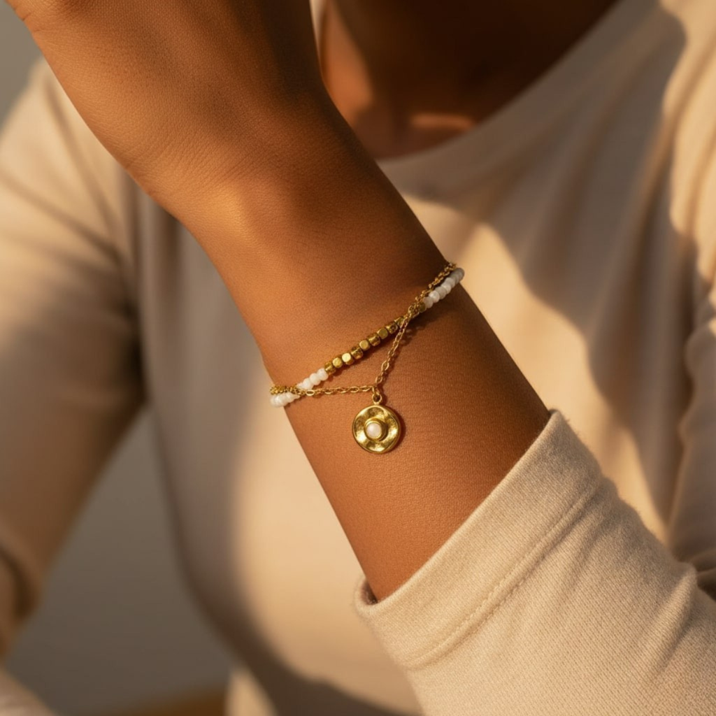 Fiesta Bracelt, 18Kt Gold Plated Stainless Steel White & Gold Retro Beads & Moonstone Layered Bracelet : INFIESTA