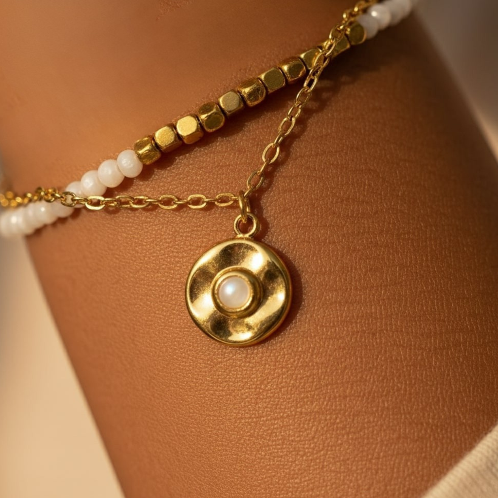 Fiesta Bracelt, 18Kt Gold Plated Stainless Steel White & Gold Retro Beads & Moonstone Layered Bracelet : INFIESTA