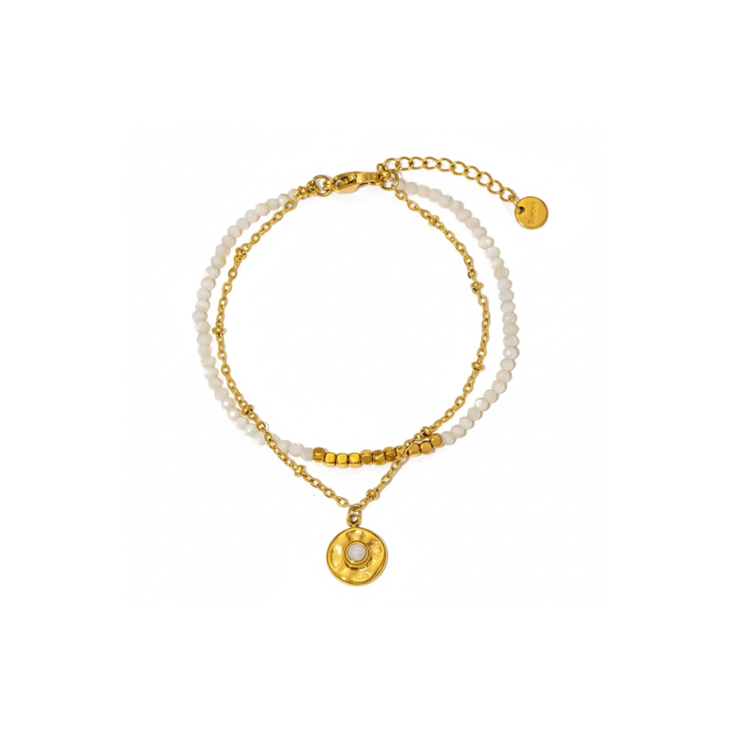 Fiesta Bracelt, 18Kt Gold Plated Stainless Steel White & Gold Retro Beads & Moonstone Layered Bracelet : INFIESTA