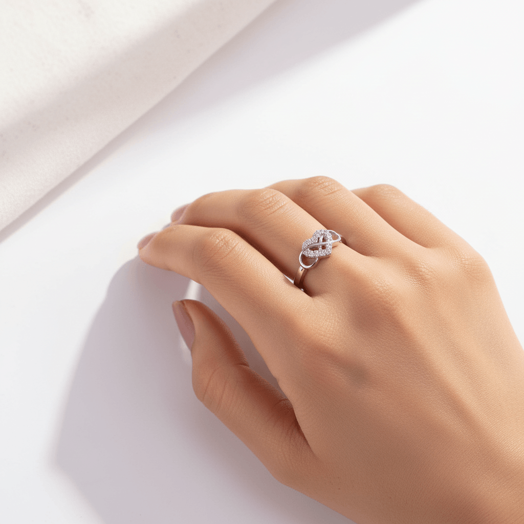 Infinity Heart Solitaire & Chevron Pavé Ring Set (925 Silver) : SR012