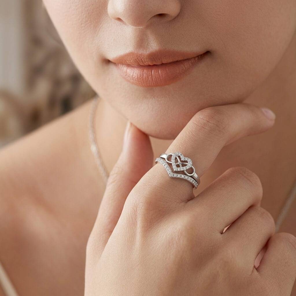 Infinity Heart Solitaire & Chevron Pavé Ring Set (925 Silver) : SR012