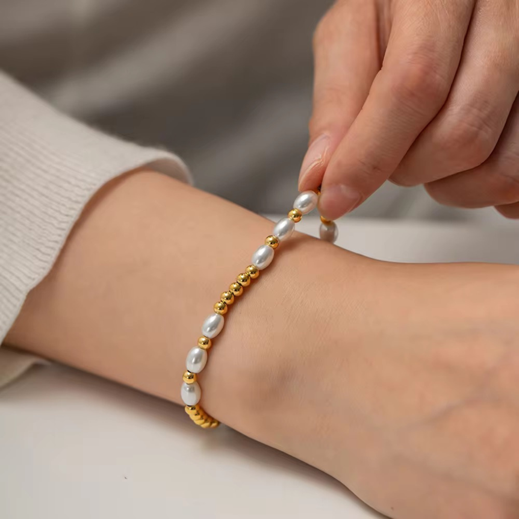 Joy Bracelet, 18Kt Gold Plated Stainless Steel Pearls & Gold Beads Bracelet : INJOY