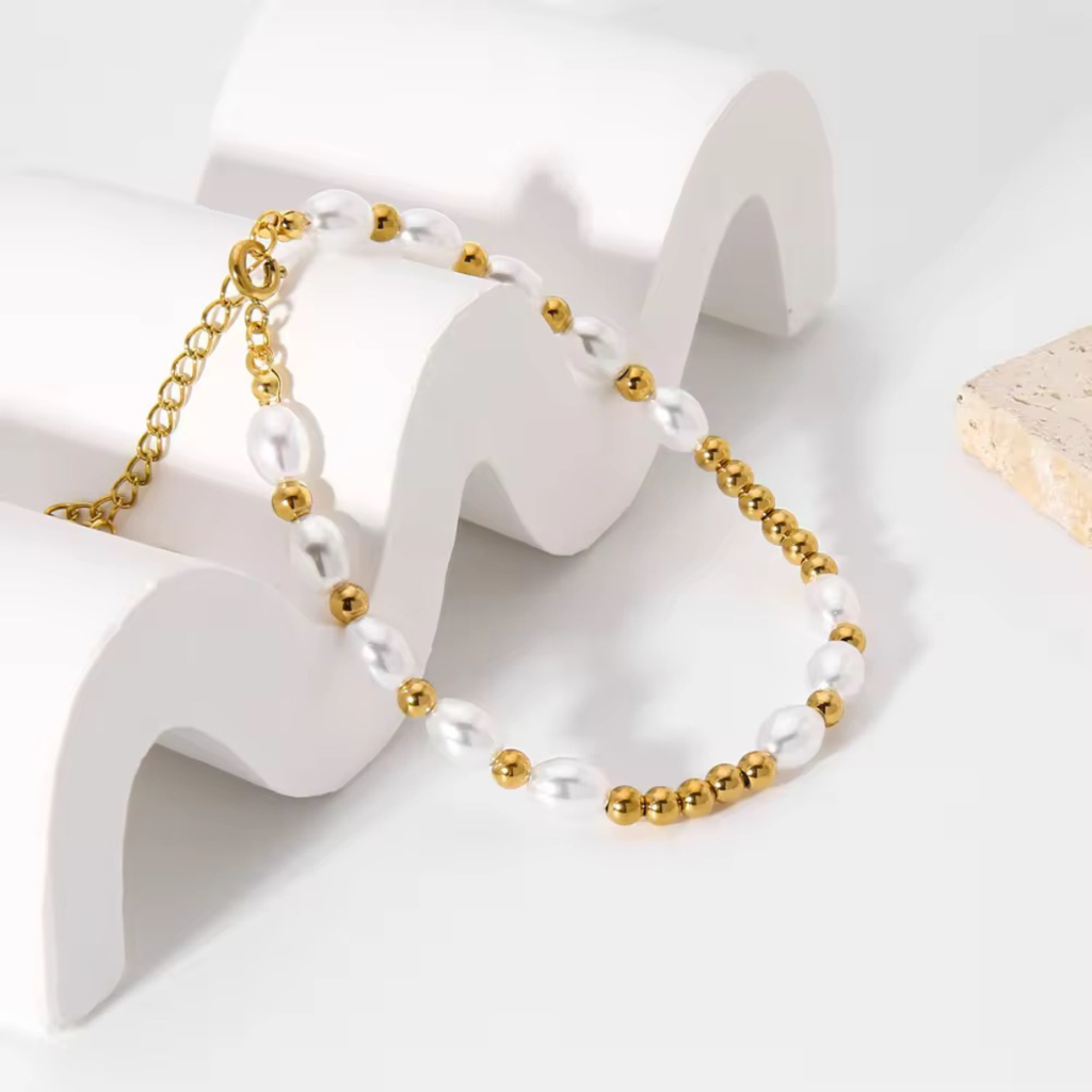Joy Bracelet, 18Kt Gold Plated Stainless Steel Pearls & Gold Beads Bracelet : INJOY