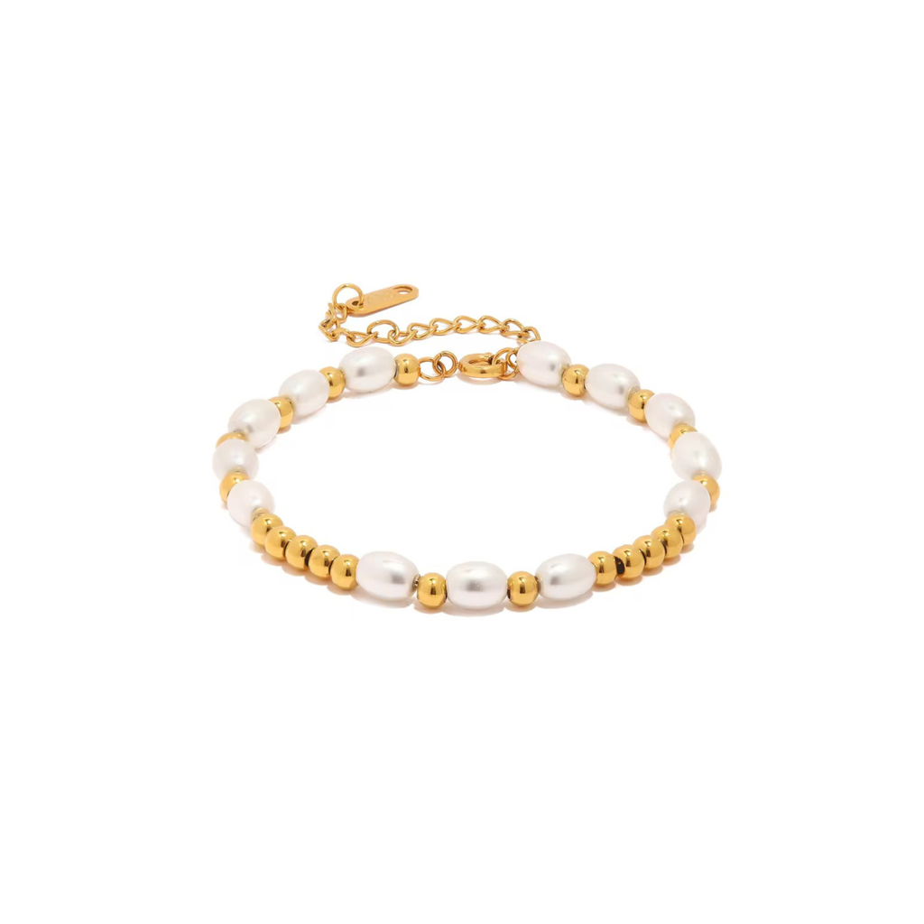 Joy Bracelet, 18Kt Gold Plated Stainless Steel Pearls & Gold Beads Bracelet : INJOY