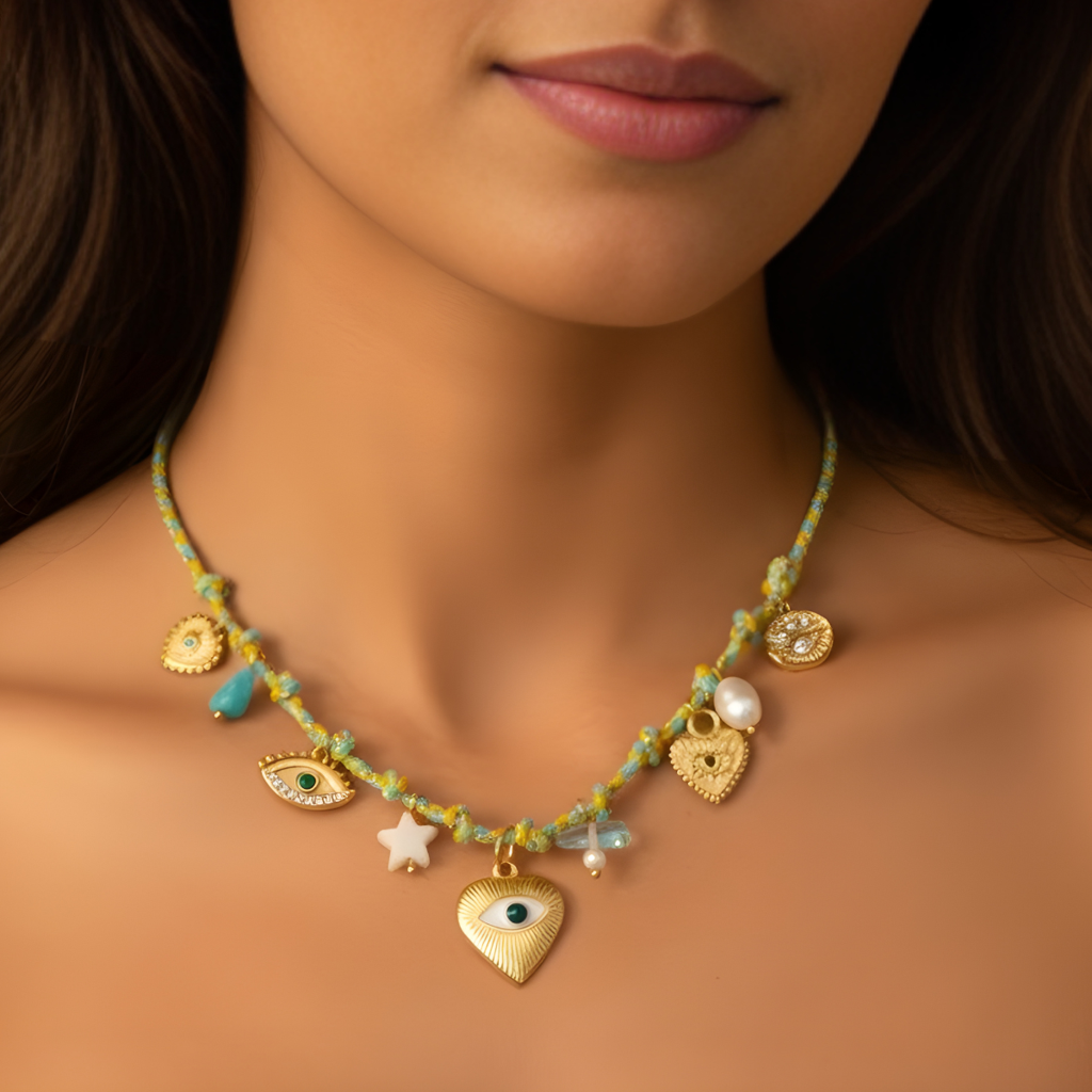 Lagoon Necklace, 18Kt Gold Plated Stainless Steel Evil Eye And Bead Charms Thread Necklace : INLAGOON
