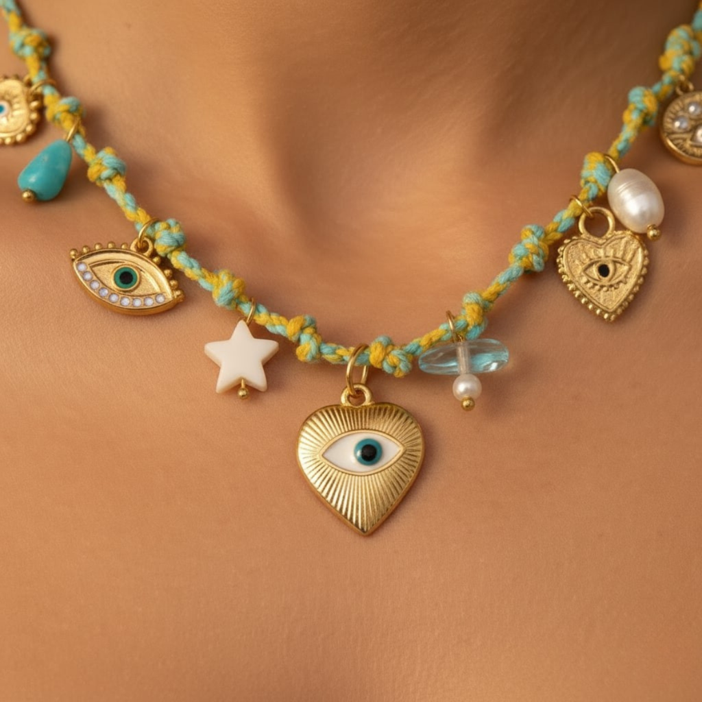 Lagoon Necklace, 18Kt Gold Plated Stainless Steel Evil Eye And Bead Charms Thread Necklace : INLAGOON