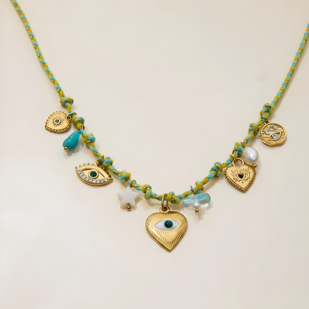 Lagoon Necklace, 18Kt Gold Plated Stainless Steel Evil Eye And Bead Charms Thread Necklace : INLAGOON