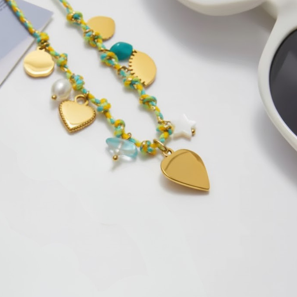 Lagoon Necklace, 18Kt Gold Plated Stainless Steel Evil Eye And Bead Charms Thread Necklace : INLAGOON