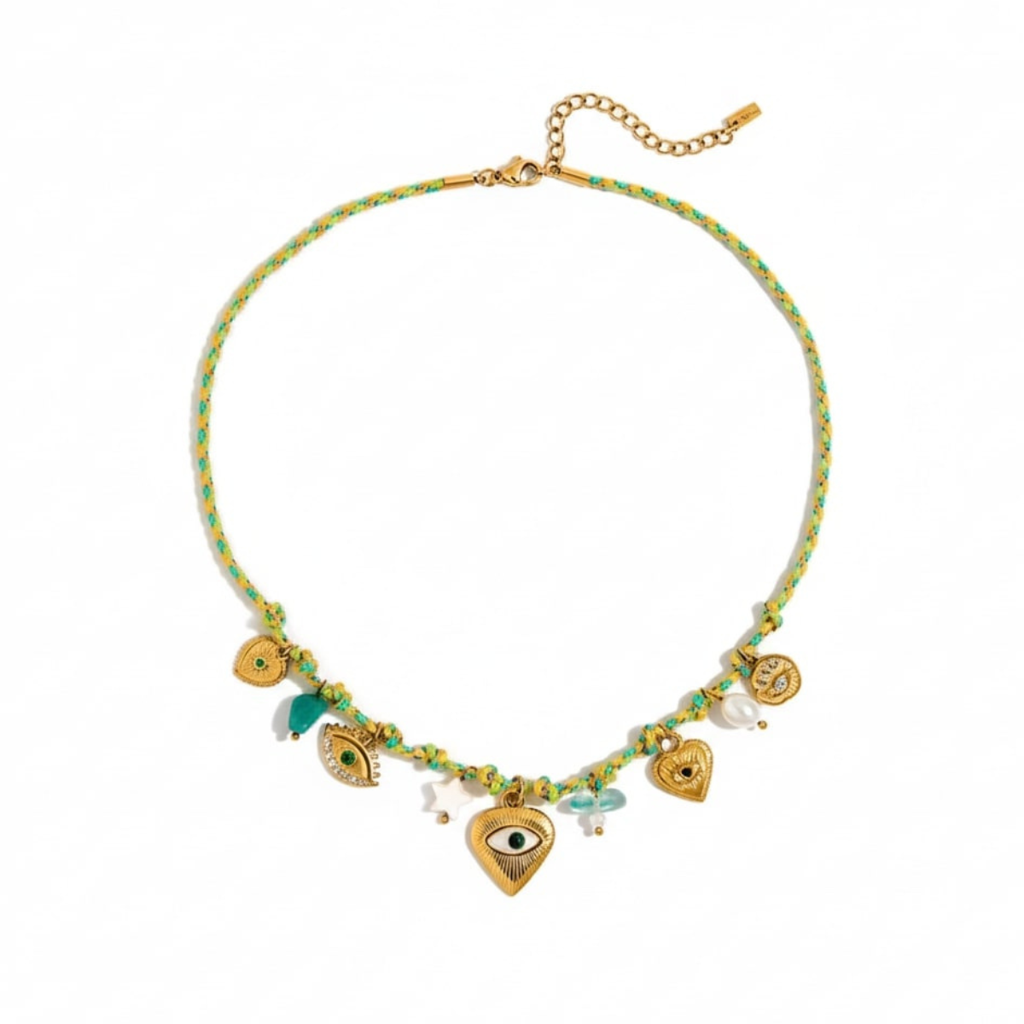 Lagoon Necklace, 18Kt Gold Plated Stainless Steel Evil Eye And Bead Charms Thread Necklace : INLAGOON