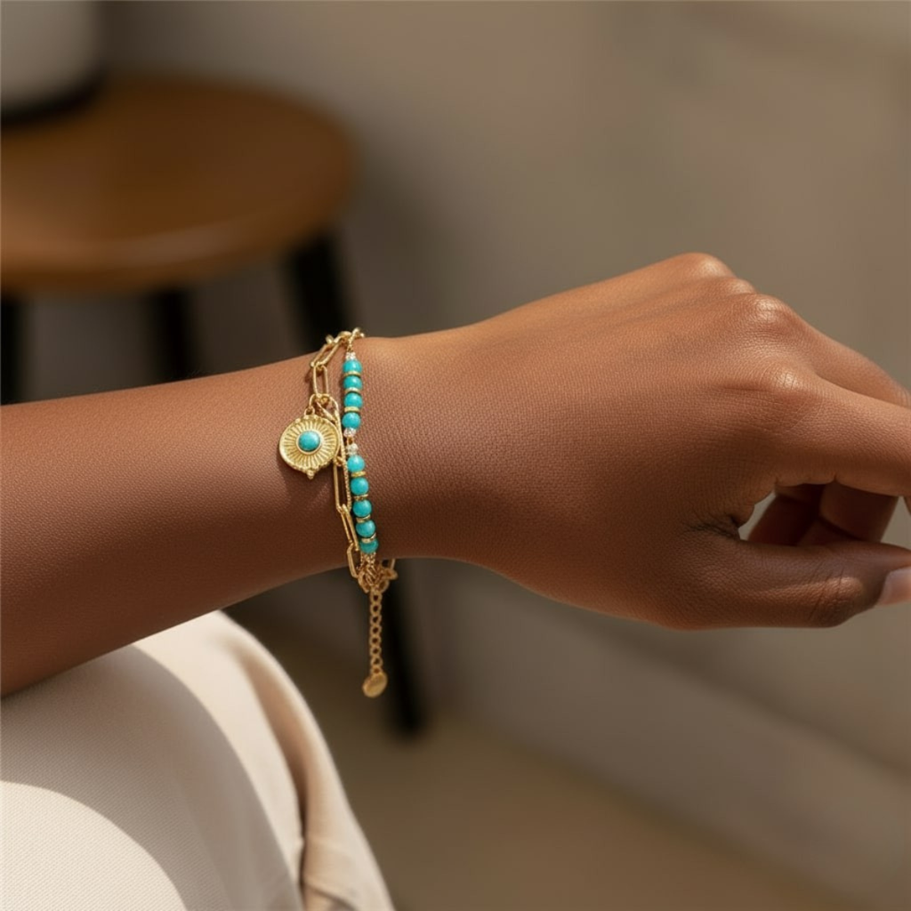 Mermaid Bracelet, 18Kt Gold Plated Stainless Steel Boho Layered Natural Stone & Sun Charm Beaded Paperclip Bracelet : INMERMAID