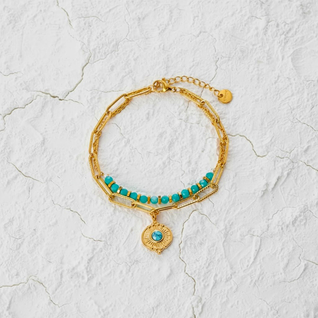 Mermaid Bracelet, 18Kt Gold Plated Stainless Steel Boho Layered Natural Stone & Sun Charm Beaded Paperclip Bracelet : INMERMAID