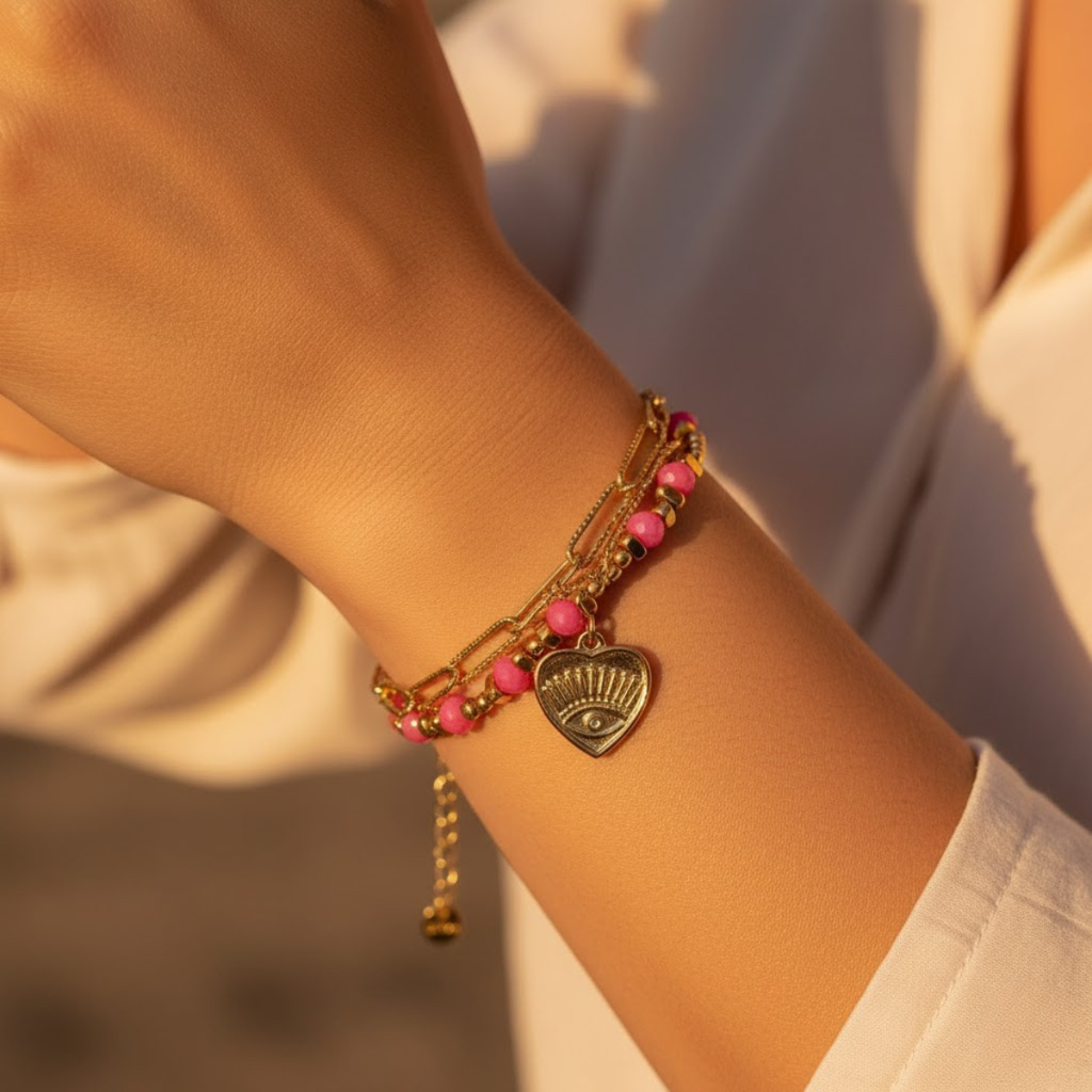 Muse Bracelet, 18Kt Gold Plated Stainless Steel Pink Boho Layered Natural Stone & Heart Charm Beaded Paperclip Bracelet : INMUSE