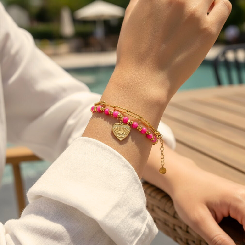 Muse Bracelet, 18Kt Gold Plated Stainless Steel Pink Boho Layered Natural Stone & Heart Charm Beaded Paperclip Bracelet : INMUSE