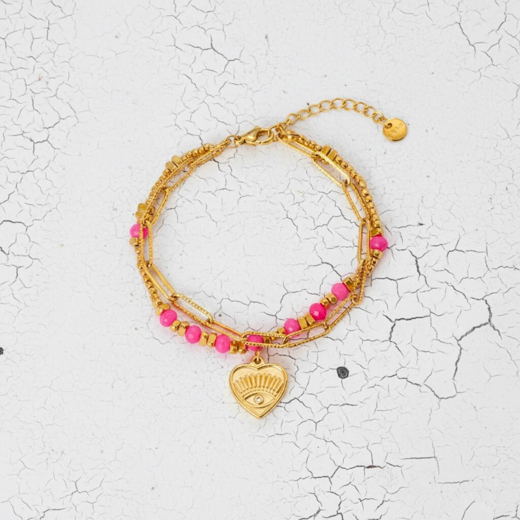 Muse Bracelet, 18Kt Gold Plated Stainless Steel Pink Boho Layered Natural Stone & Heart Charm Beaded Paperclip Bracelet : INMUSE