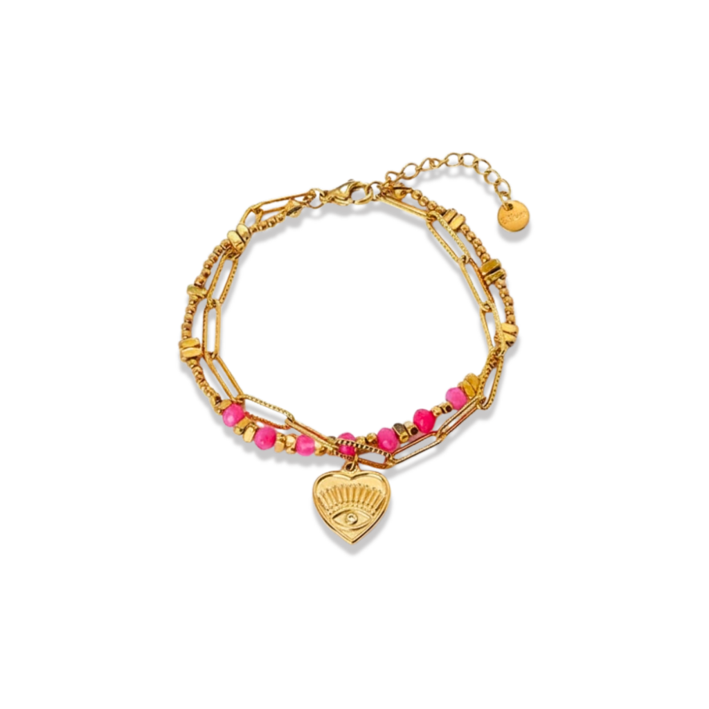 Muse Bracelet, 18Kt Gold Plated Stainless Steel Pink Boho Layered Natural Stone & Heart Charm Beaded Paperclip Bracelet : INMUSE