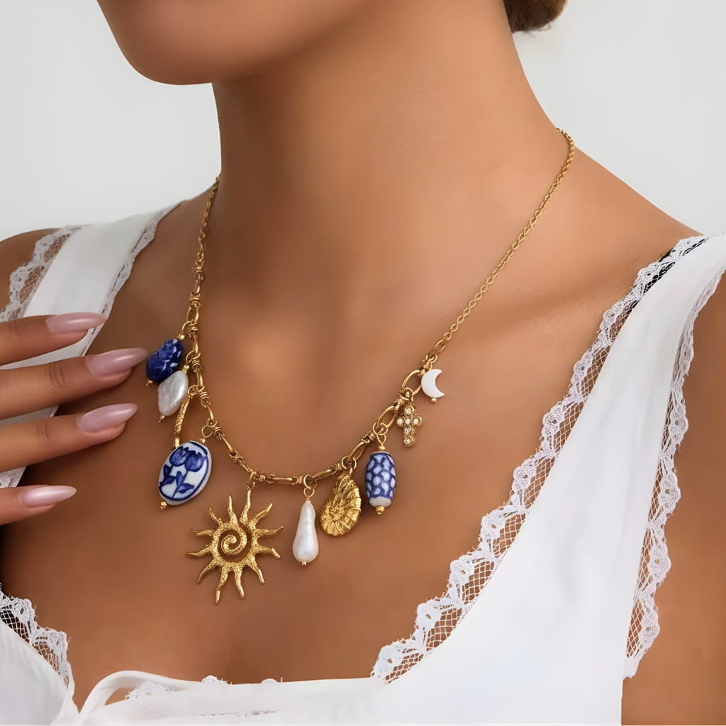 Rainbow Necklace, 18Kt Gold Plated Stainless Steel Ceramic Ocean Style Sun Pendant Charm Necklace : INRAINBOW