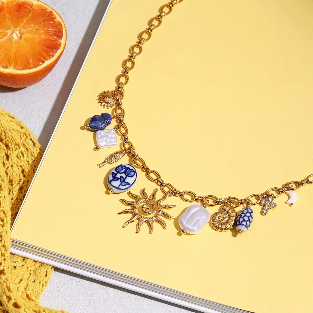 Rainbow Necklace, 18Kt Gold Plated Stainless Steel Ceramic Ocean Style Sun Pendant Charm Necklace : INRAINBOW