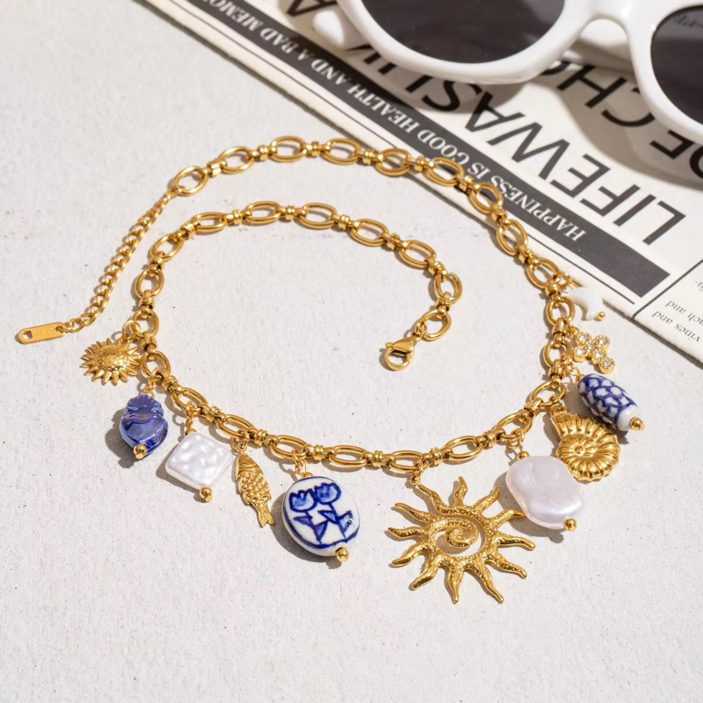 Rainbow Necklace, 18Kt Gold Plated Stainless Steel Ceramic Ocean Style Sun Pendant Charm Necklace : INRAINBOW