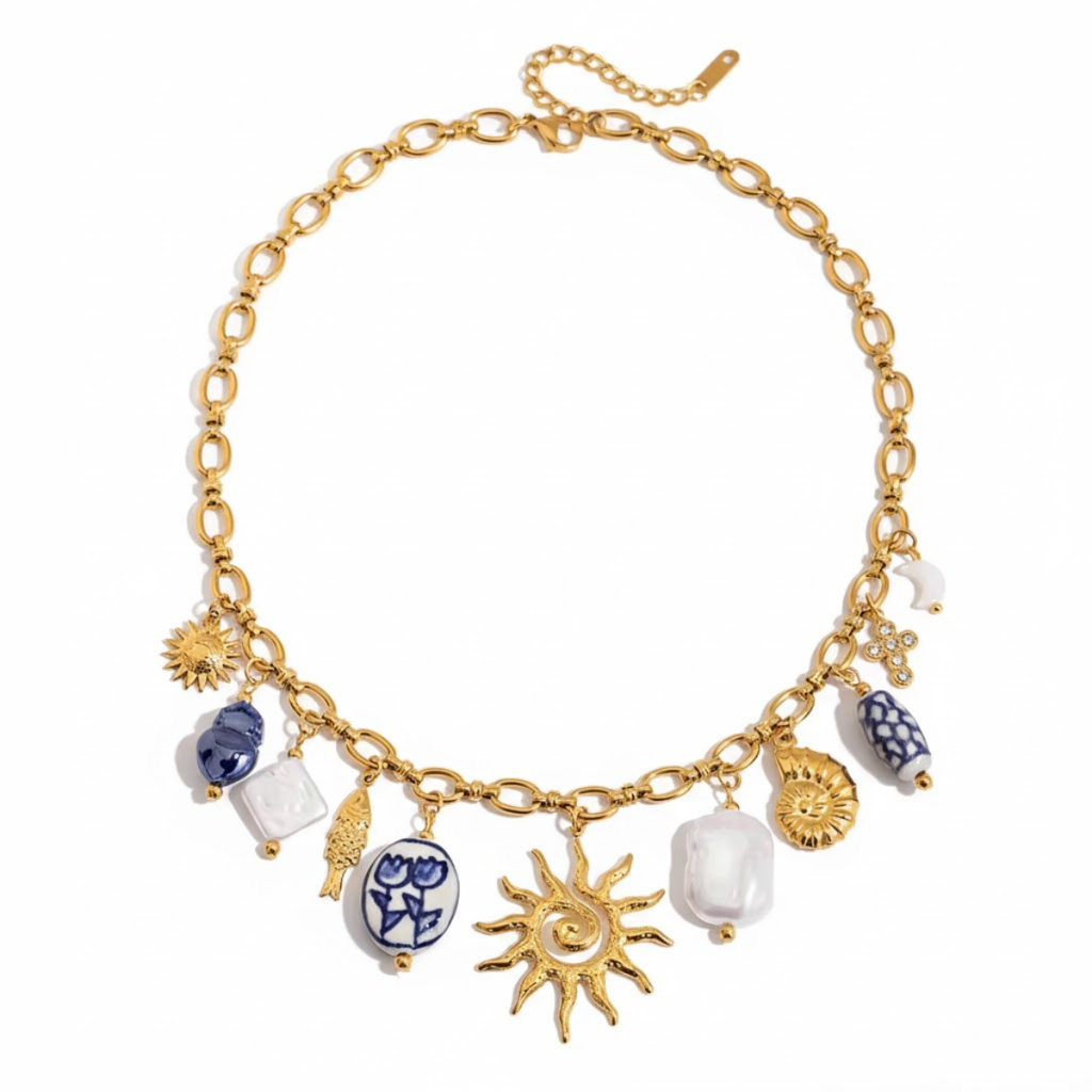 Rainbow Necklace, 18Kt Gold Plated Stainless Steel Ceramic Ocean Style Sun Pendant Charm Necklace : INRAINBOW