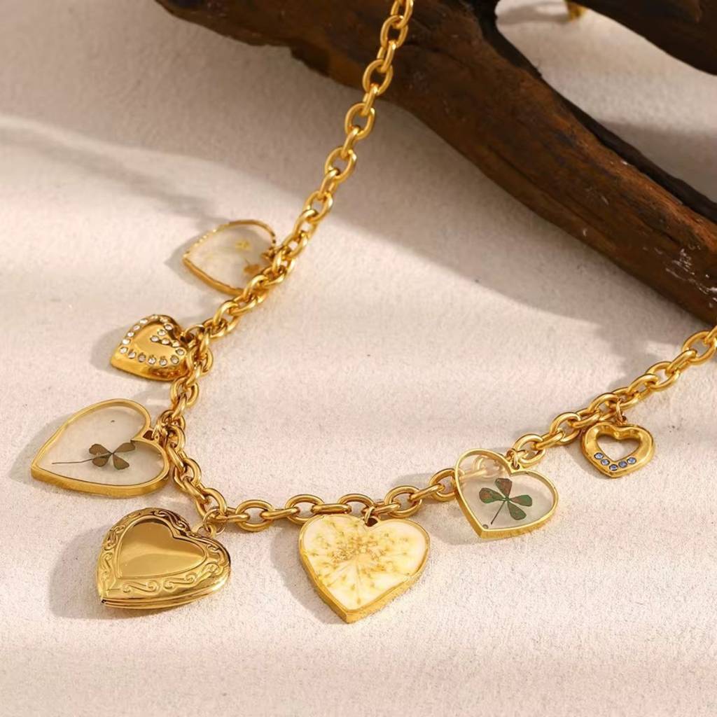 18K Gold Plated Multi Charm Vintage Heart Necklace, Seraphina : INSERAPHINA-DIY