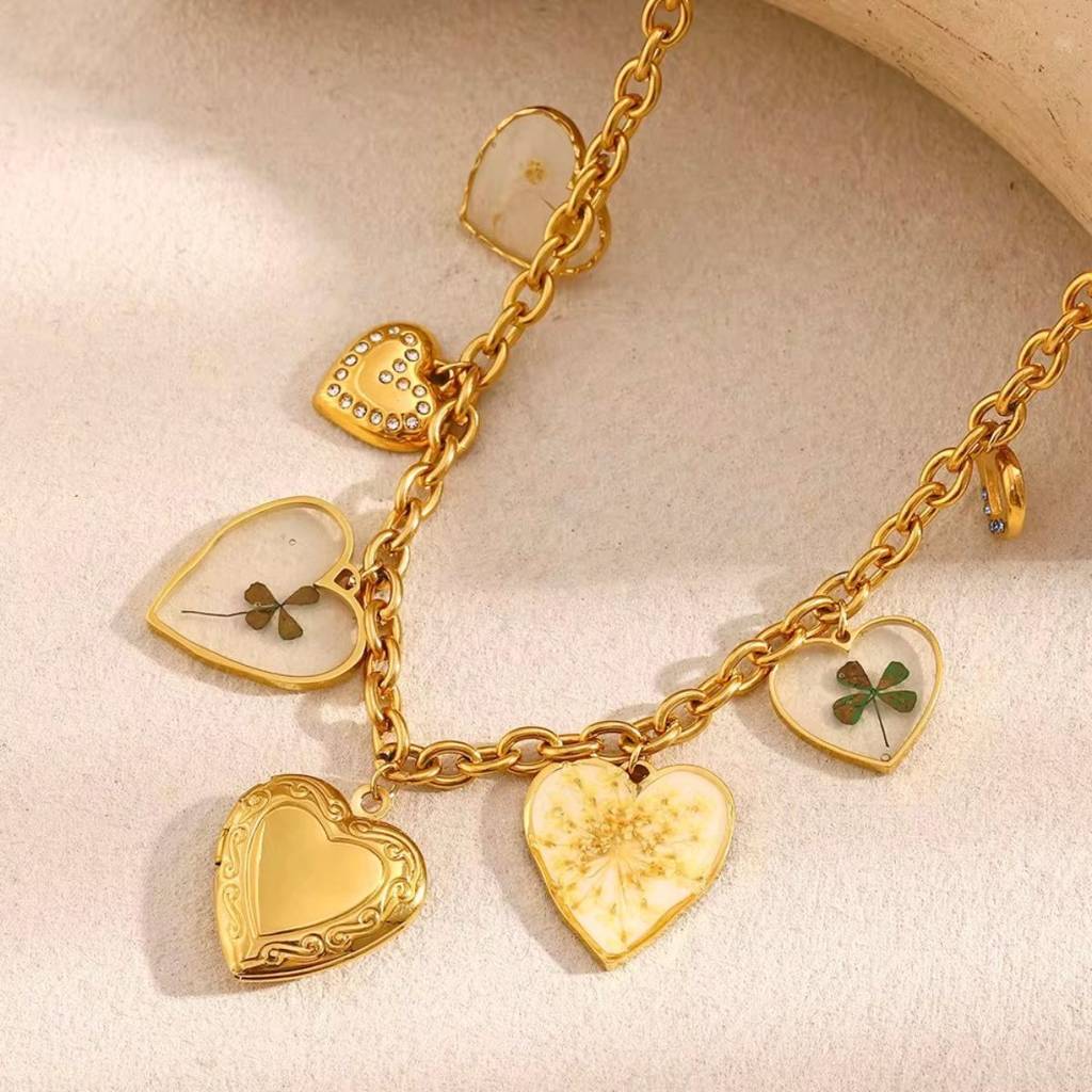 18K Gold Plated Multi Charm Vintage Heart Necklace, Seraphina : INSERAPHINA-DIY