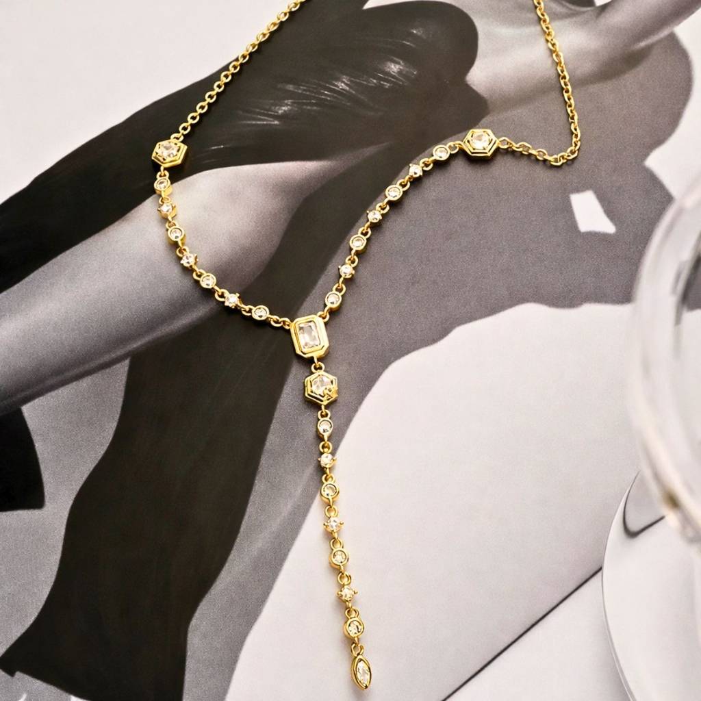 18Kt Gold Plated Emerald Cut Y-Shaped Drop Necklace, Siena : INSIENA
