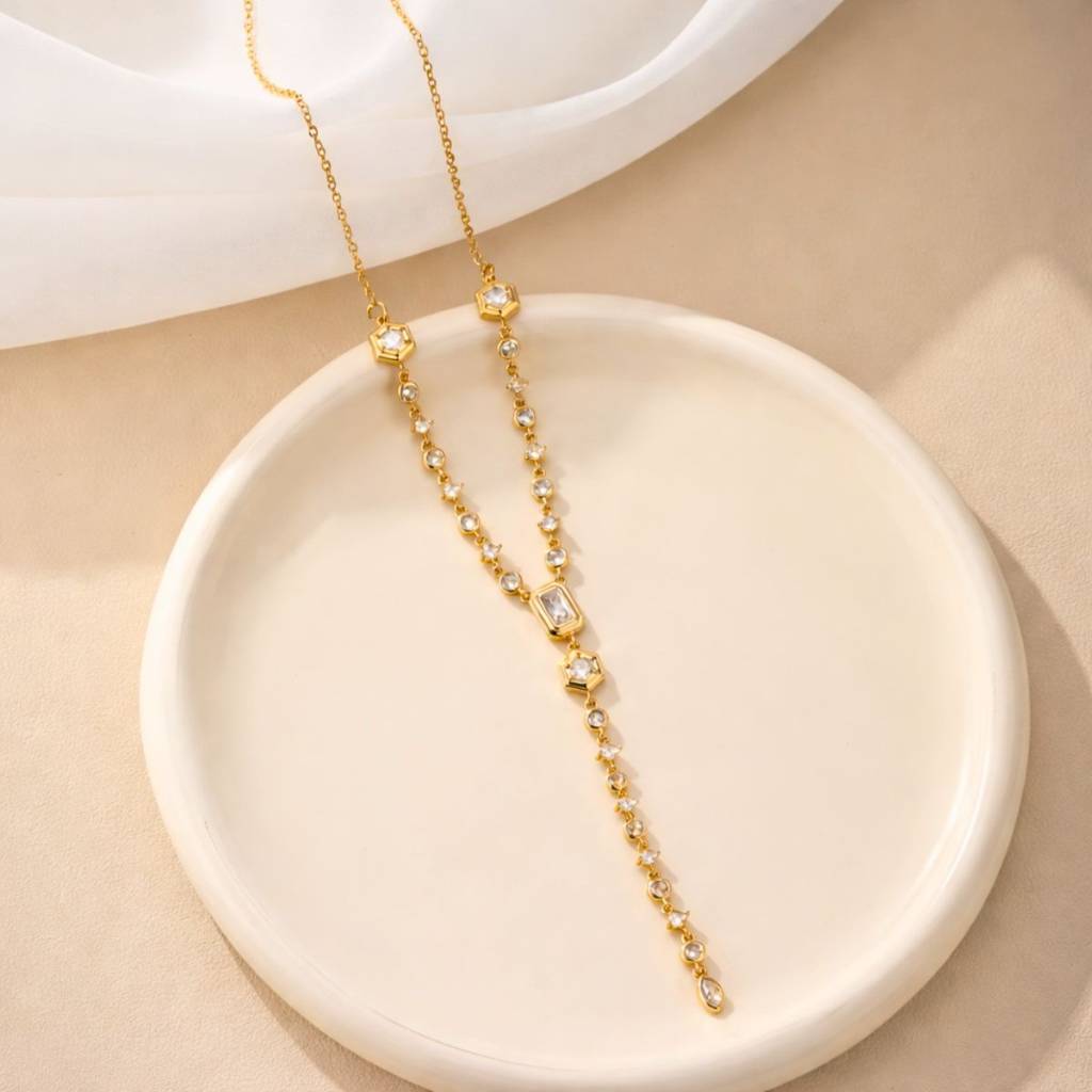 18Kt Gold Plated Emerald Cut Y-Shaped Drop Necklace, Siena : INSIENA