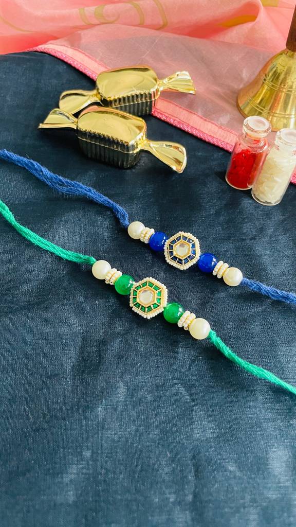 Blue Green Kundan And Meenakari Rakhis (Set Of 2) : J00307082