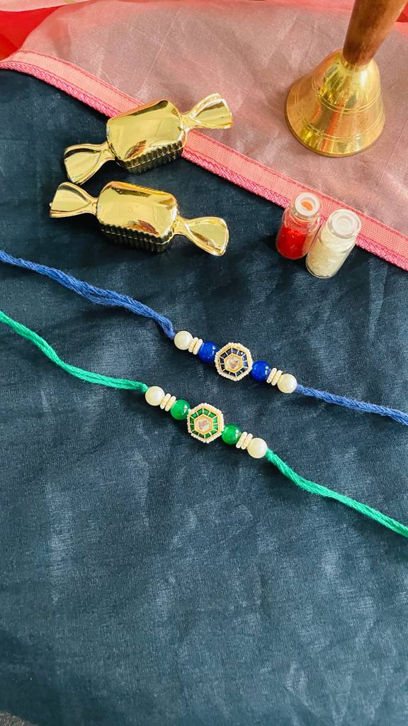 Blue Green Kundan And Meenakari Rakhis (Set Of 2) : J00307082