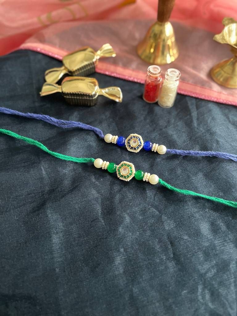 Blue Green Kundan And Meenakari Rakhis (Set Of 2) : J00307082
