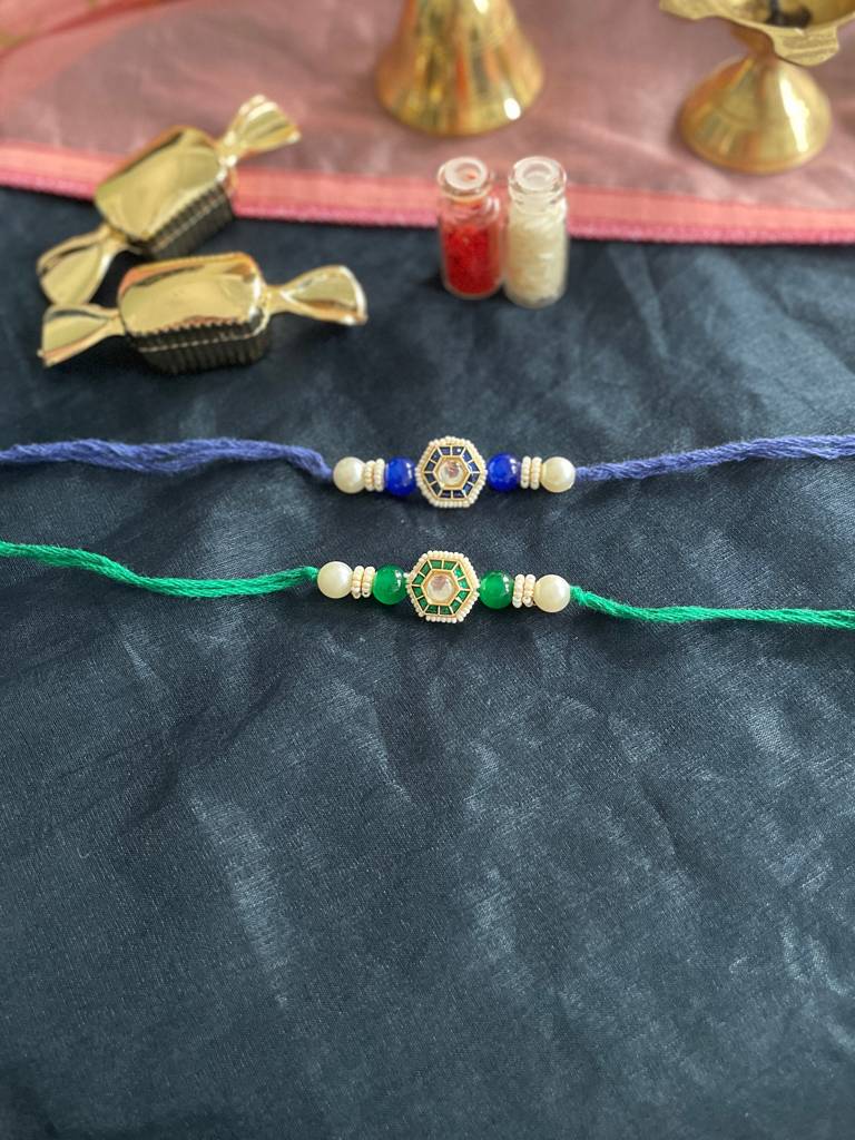 Blue Green Kundan And Meenakari Rakhis (Set Of 2) : J00307082