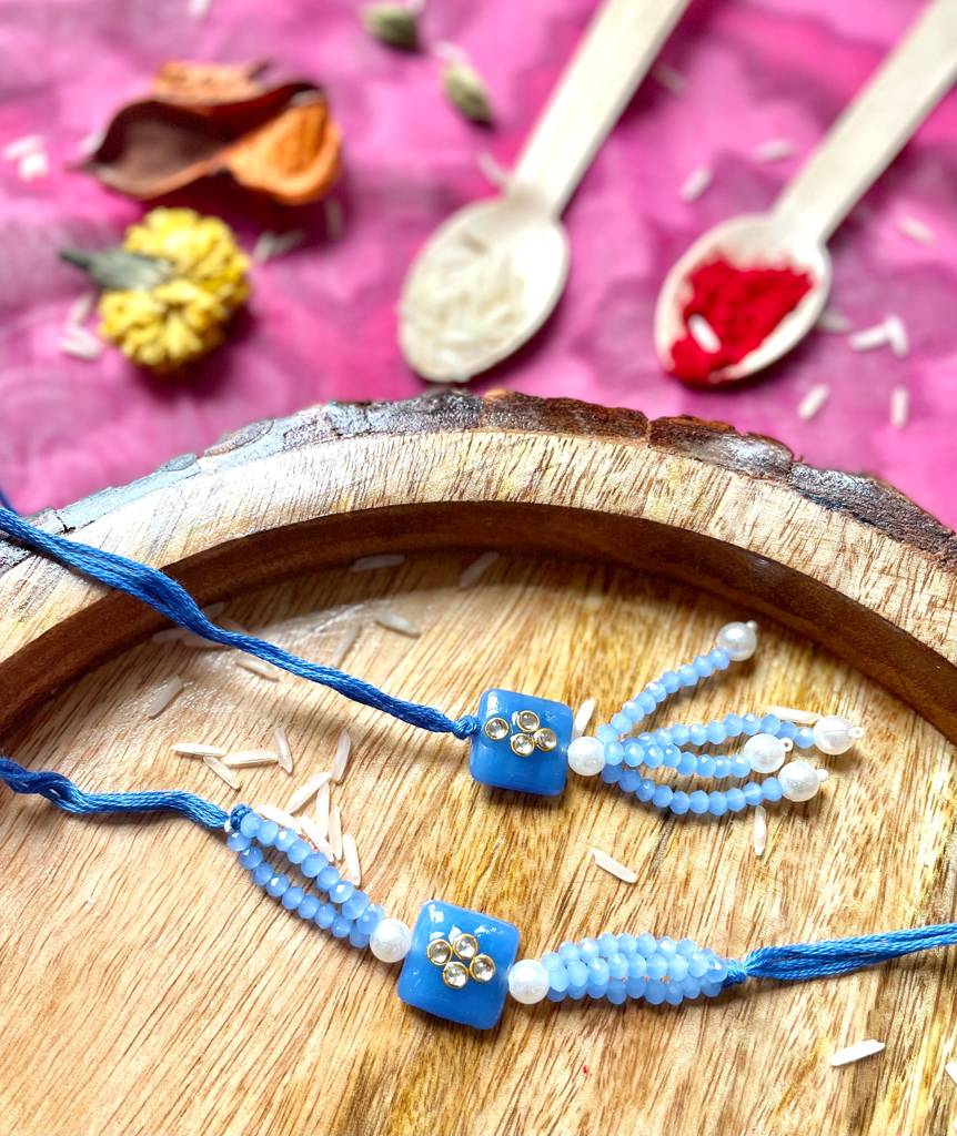 Blue Kundan Rakhi And Lumba Set : J00307090