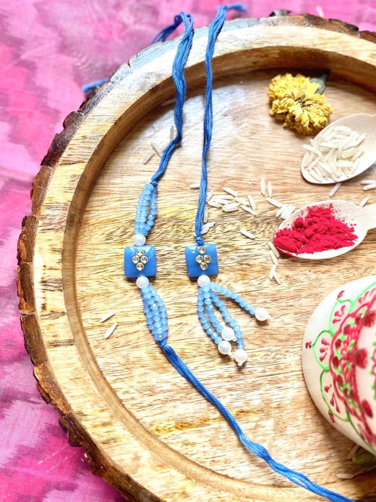 Blue Kundan Rakhi And Lumba Set : J00307090