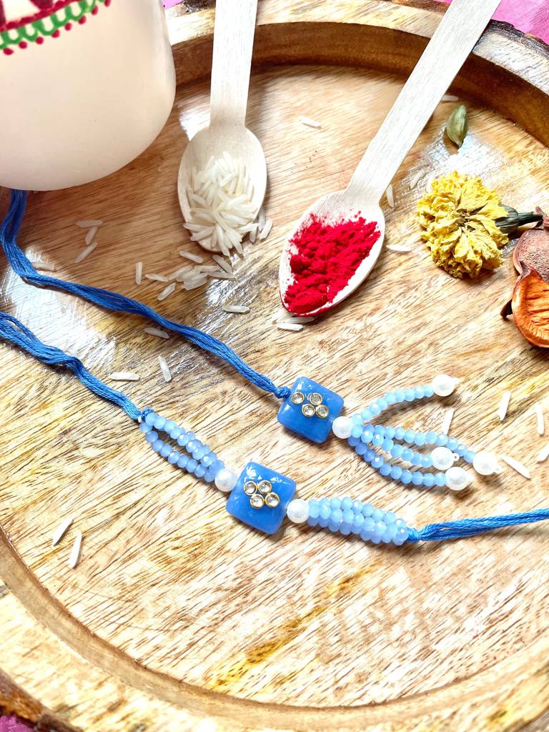 Blue Kundan Rakhi And Lumba Set : J00307090