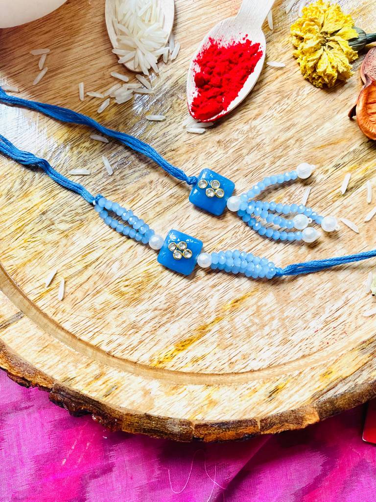 Blue Kundan Rakhi And Lumba Set : J00307090