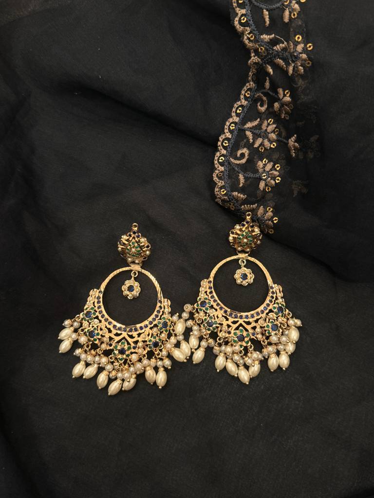 Blue Green Gold Tone Jadau Earrings : J00361789