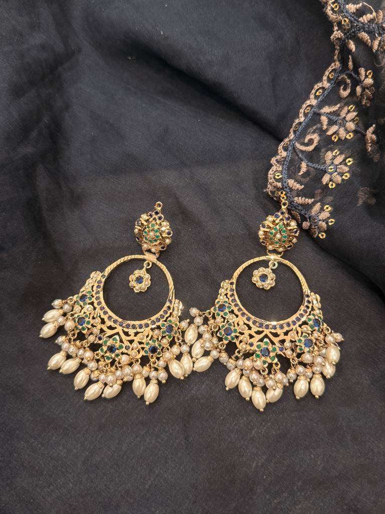 Blue Green Gold Tone Jadau Earrings : J00361789