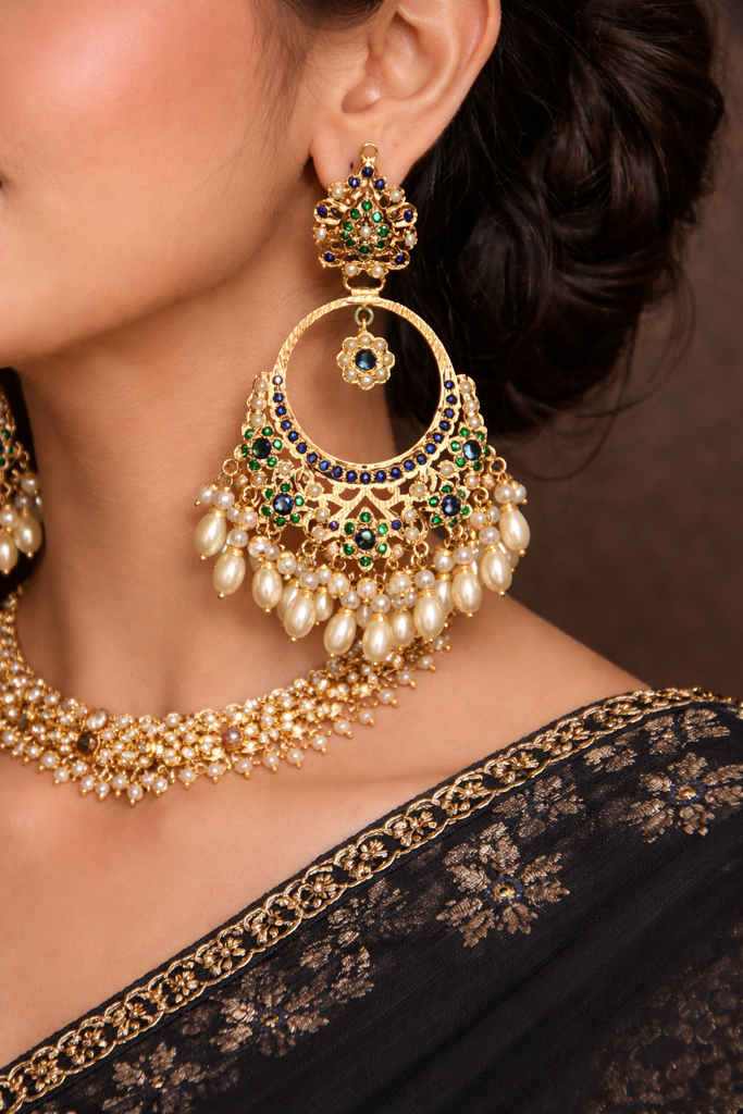 Blue Green Gold Tone Jadau Earrings : J00361789
