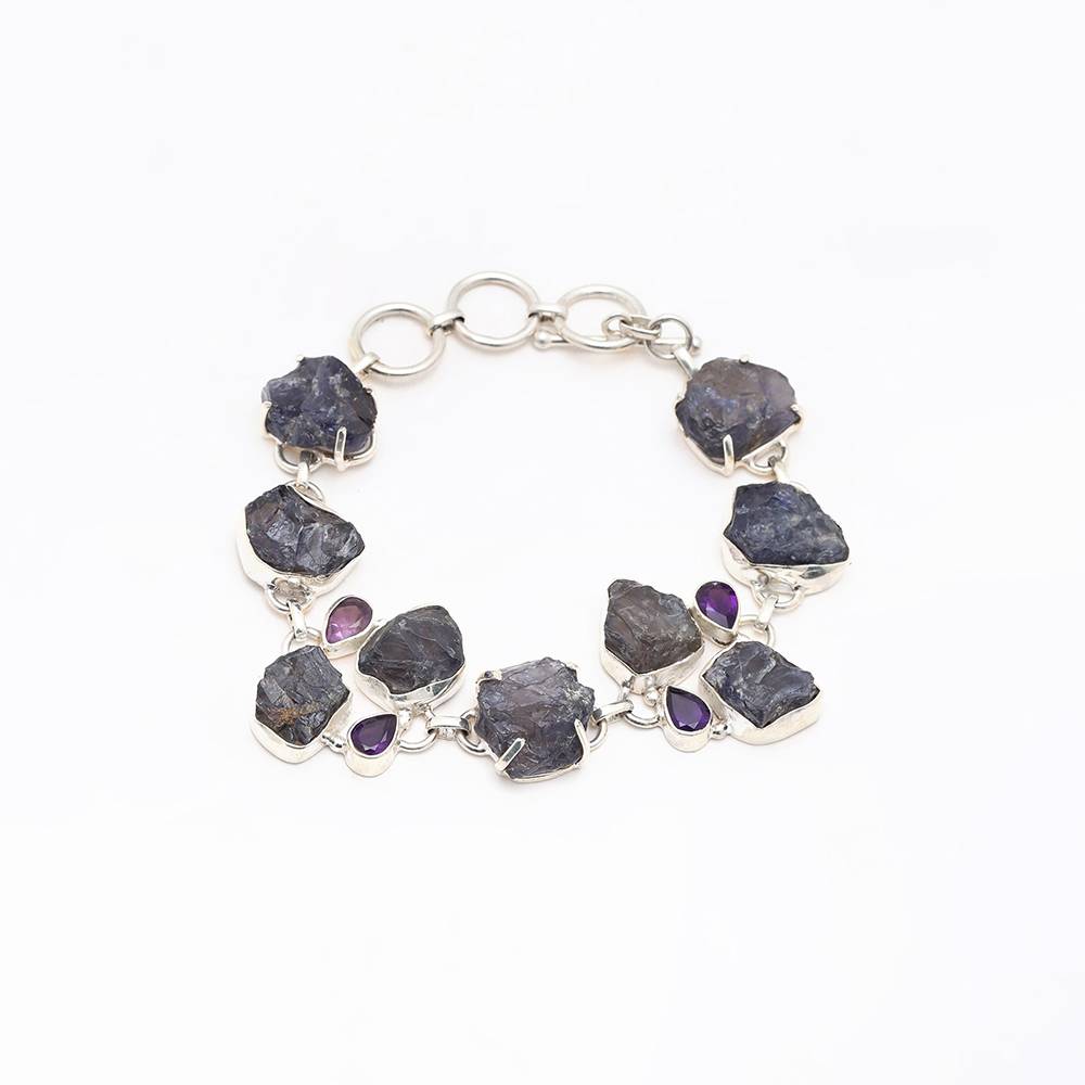Sterling Silver Bracelet With Rugged Tanzanite Toggle Clasp Lock With Amethyst : JA66