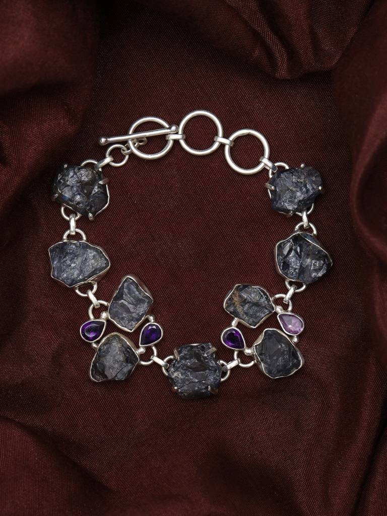 Sterling Silver Bracelet With Rugged Tanzanite Toggle Clasp Lock With Amethyst : JA66