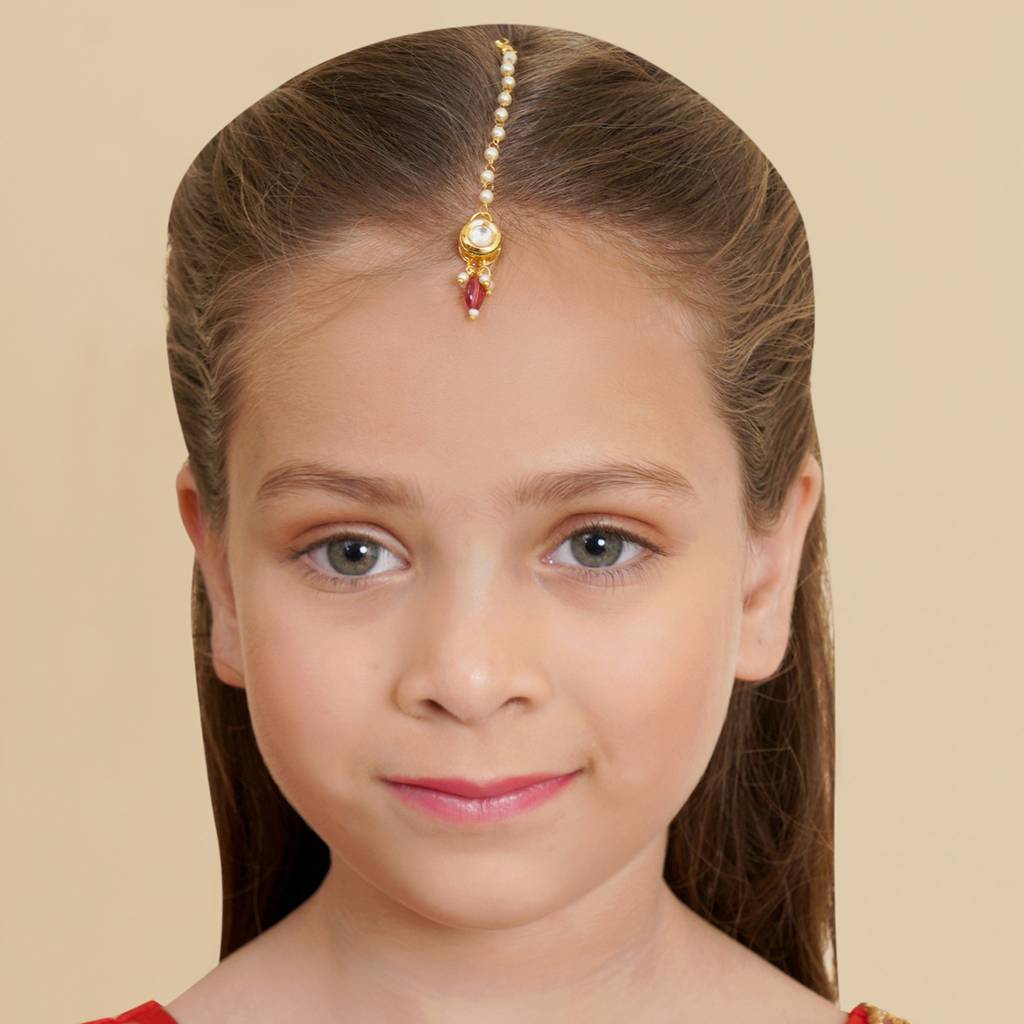 Kundan Maang Tikka With Pink Stone : RRKDEC22-49