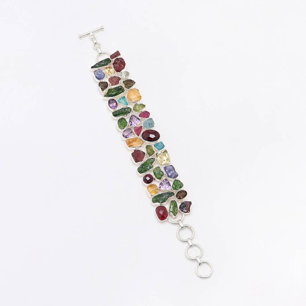 Sterling Silver Bracelet With Multi Raw Gemstone Toggle Clamp Lock : JDG32