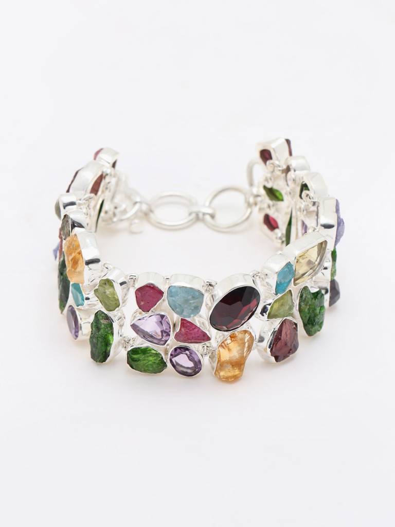 Sterling Silver Bracelet With Multi Raw Gemstone Toggle Clamp Lock : JDG32