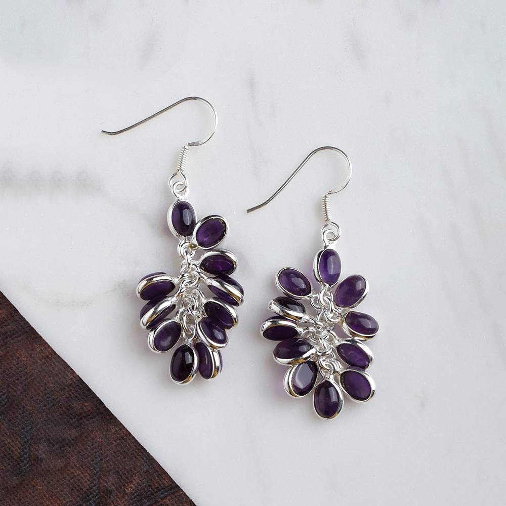 Sterling Silver Earrings With Amethyst Gemstone Bunch : JEH32